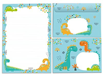 Briefpapier-Set Briefblock mit Umschlag für Kinder Dinosaurier Dino für Mädchen und Jungen (Block A5 mit 25 Blätter + 15 Umschläge)