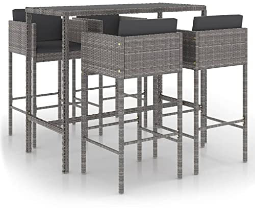 vidaXL Gartenbar Set 5-TLG. mit Kissen Theke Bar Tresen Gartentheke Bartisch Stehtisch Barhocker Barstuhl Gartenmöbel Poly Rattan Grau