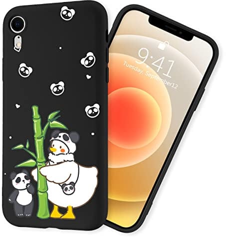 Cartoon Panda Pattern Cell Phone Lanyard Case for iPhone Xr, Kawaii Duck Design Women Girls Soft Blue Liquid Silicone Shockproof Scratch-Resistant with Microfiber Lining Case