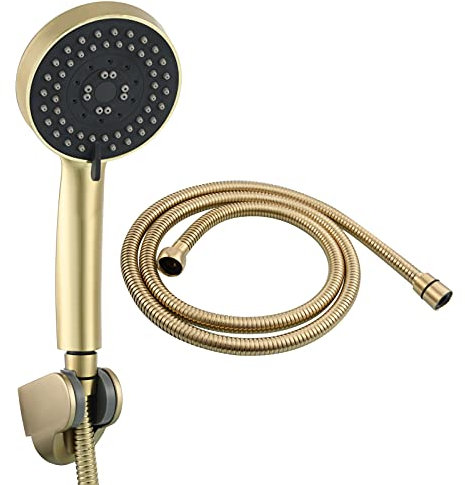 Tecmolog Duschkopf mit Schlauch und Halterung Kunststoff 5 Modi Wassersparend Hochdruck Handbrause Set Gebürstetes Gold, BS144J2F