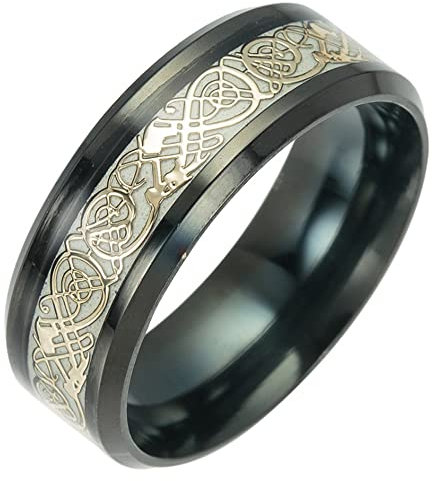 PAMTIER Herren Damen Drachen Ring Edelstahl Kohlefaser Keltischer Drachen Muster Ehering Ring Gold Dargon Leuchtendes Schwarz Größe 52 (16.6)
