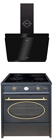 GURARI Herdset GCH E 612 BL r + GCH S 411 60 BL Prime, Retro Induktions Standherd 60 cm, Range Coocker, 60 L, Schwarz + Dunstabzugshaube, Wandhaube, Kopffrei Haube 60 cm, Schwarzglas, Abluft/Umluft