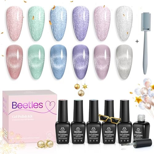 Beetles 6 Colors Holographic Glitter Cat Eye Gel Polish Kit with Magnet Romantic Galaxy Series, Soak Off Uv Led Gel Nail Polish Home Diy Manicure Nail Salon Varnish