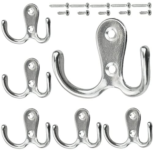 Kleiderhaken Silber, 6 Stück Garderobenhaken Vintage mit Schrauben, Metall Doppelhaken Wandhaken, Kleiderhaken Wand für Bad, Küche (Silber, 6 Stück)