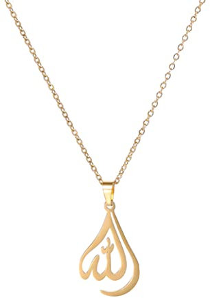 UNIFT Islamische muslimische Allah geschichteten Halsketten für Frauen Edelstahl Charme Wasser Tropfen Herzform Allah Anhänger Double Layer Halskette islamischen Schmuck (Gold 1)