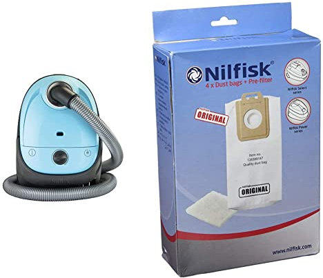Nilfisk Aspirador de Trineo básico One, pequeño, Filtro EPA o HEPA, 3 L de Capacidad, Azul Claro & 128389187 Bolsas Aspirador, Teflón, Blanco