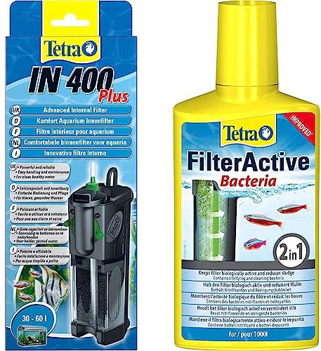 Tetra IN 400 plus Aquarium Innenfilter - Filter für klares und gesundes Wasser & FilterActive Bacteria - 2in1 Mix aus lebenden Starterbakterien und schlammreduzierenden Reinigungsbakterien