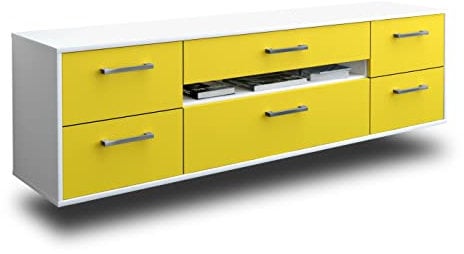 Lqliving TV-Board Lowboard Bjonda, Wandmontiert, Korpus in Weiss matt, Front im trendigem Gelb (180x49x35cm), mit Metall Griffen, Made in Germany