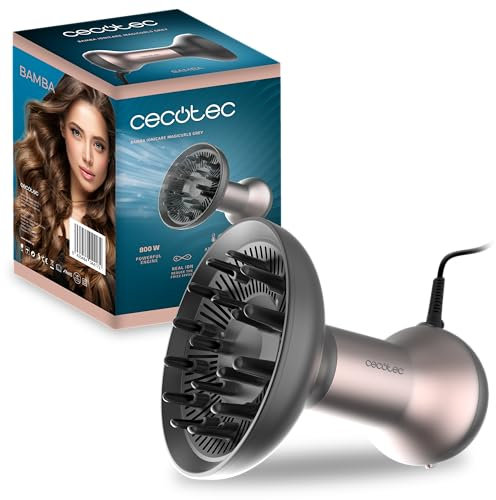 Cecotec Haartrockner mit Diffusor Bamba IoniCare MagiCurls Grey. 800W, 3 Temperaturen, 2 Geschwindigkeiten, Ionen-Technologie zur Frizz-Beseitigung, 17-Zinken-Diffusor, 1,6 m drehbares 360º-Kabel