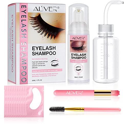HRAMEX Eyelash Extension Shampoo 50 ml+Rinse Bottle+Brushes+Hydrogel Eye Patch Eyelid Foaming Cleanser,Paraben & Sulfate Free,Natural Lash Makeup Mascara Remover For Salon and Home Use, 1, 1.7 count