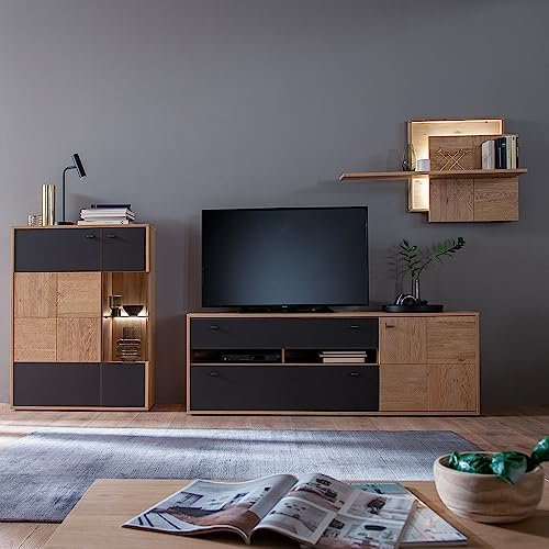 Lomadox Wohnwand Anbauwand Eiche Bianco teilmassiv 3-teilig Modern, 1 Highboard, 1 TV-Lowboard, 1 Wandboard inkl. LED-Beleuchtung