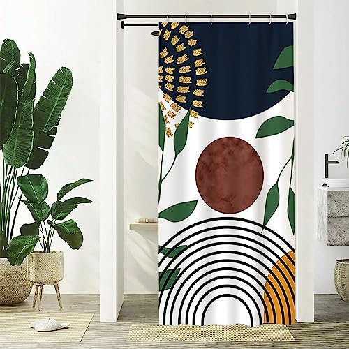 Uiiooazy Rideau Douche Étroit, Rideau de Douche Anti Moisissure 90x180cm Abstrait Soleil Brun Feuilles Vert Petit Rideaux de Baignoire Tissu Lavable Imperméable Rideaux Salle de Bain avec 6 Crochets