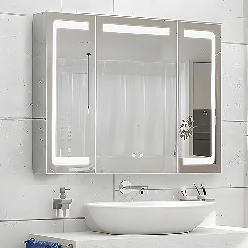 Janboe Stainless Steel LED Mirror Cabinet,Bathroom Mirror Cabinet with Light,3 Color,Dimmable,Equipped with Defogger,USB Shavor Socket,Internal Light,91cm×81cm