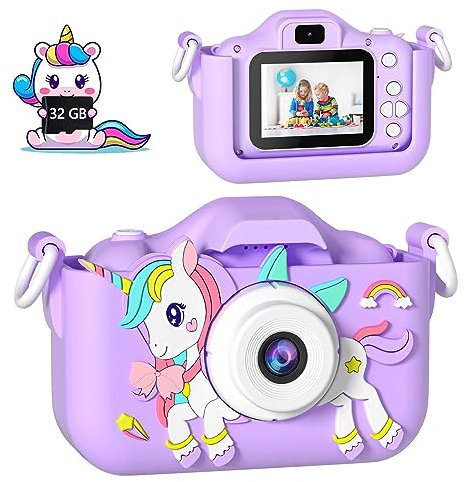Kinderkamera, OAEBLLE Digitalkamera, Kinder Kamera für 3 4 5 6 7 8 9 10 11 12 Jahre Mädchen Jungen Geburtstagsgeschenk Weihnachten Spielzeug, Anti-Drop Digitalkameras mit 32GB TF Karte – Lila