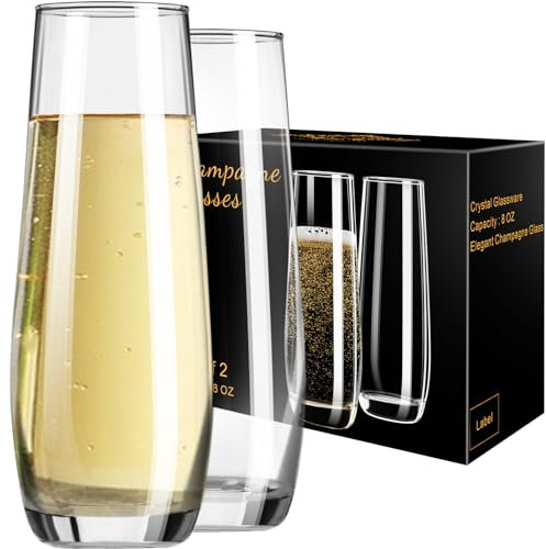 PARACITY Stemless Champagne Flutes 8 oz, Cocktail Glasses, Champagne Glasses Set of 2, Gift for Birthday, Wedding, Christmas