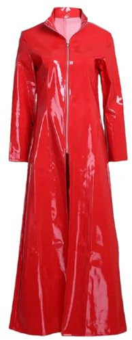 ERFMFKL Lack Lederjacke Lange Frauen Solide Steampunk Gothic Revers Biker Jacke Reißverschluss Mantel, rot, 38