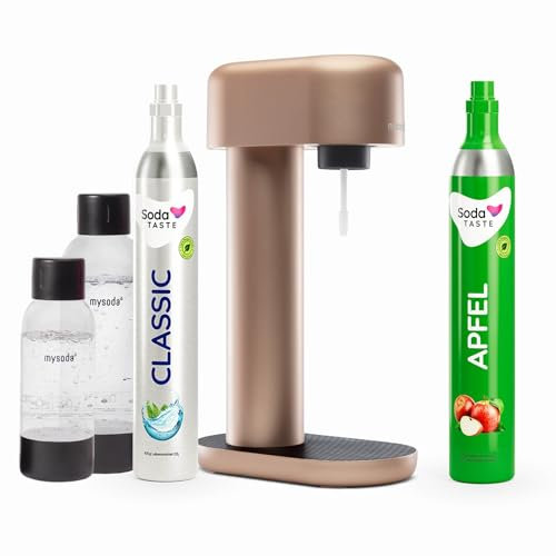 Sparpaket: Mysoda Ruby - Wassersprudler aus Aluminium mit 1L und 0,5L BPA-freier Plastikflasche, CO2-Zylinder Classic + CO2-Zylinder Apfel (Kupfer)