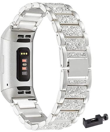 LXURY Bling Metall Armbänder kompatibel mit Fitbit Charge 5/ Charge 6 Armband, Funkelnd Diamant Metall Ersatz Armband (Silber)