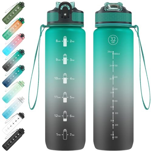 EYQ Gourde en Tritan sans BPA avec paille, anti-fuites, bouteille d’eau motivante avec marquage de temps, pour le fitness, l’école, la gym, les sports de plein air, 1 L