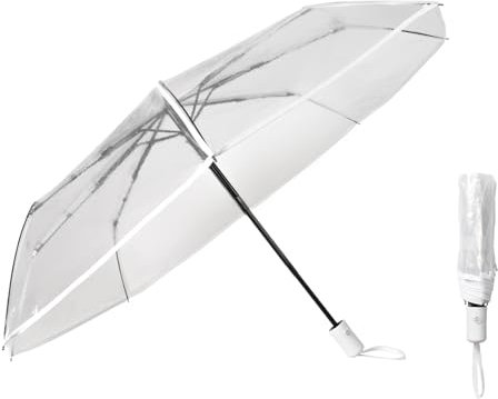 Pumwoy Transparenter Regenschirm, Dreifach Faltbarer Regenschirm Winddicht, Reise-Regenschirm Schirm transparent für Fotografie-Requisiten, Partys, Hochzeiten (Weiß)