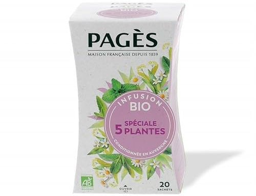 Infusion Bio 5 Plantes, Purifiantes & Savoureuses - Box 20 Sachets - Marque PAGES - Idéal pour les Amateurs de Thés! - Le Lot De 4