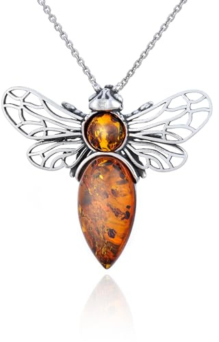 AMBEDORA Damen Biene mod.3 Halskette mit Bernstein, Oxidiertes Sterling Silber, Baltischer Bernstein in Cognac Farbe, Silber Anhänger mit Kette
