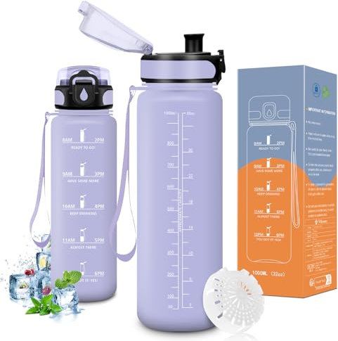 Vikaster Water bottle, Gourde 1 Litre, sans BPA, Étanche & Réutilisable, Convient Pour la Gym, Yoga, Camping, Sport, Gourde Randonnée, A-violet Clair