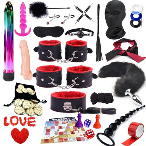 26 Pièces Kits de Bondage, Jeu de Ludo, Menottes, Menottes de Cheville, fouet et Jouets Anaux, Jeux Sexuels pour Adultes Coquins, Jeu D'aventure Palpitant pour Couple