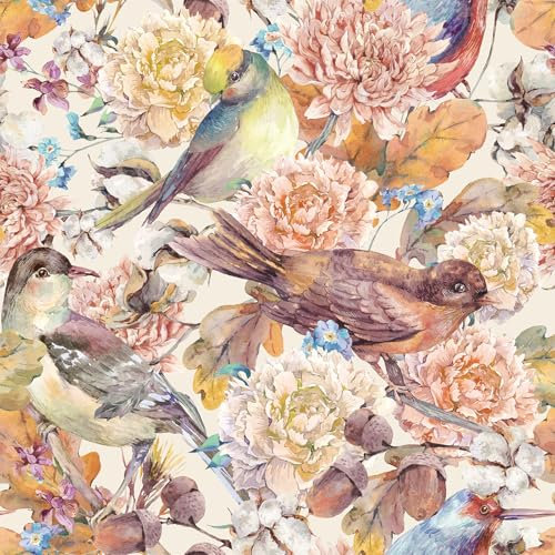 FunStick Papier Peint Adhesif Mural Fleuri Aquarelle Papiers Peints Oiseaux et Fleurs Pivoine Papier Peint Beige Stickers Muraux Chambre Aquarelle Papiers Adhesif pour Armoire Fleurs Rose 44.5CMx3M
