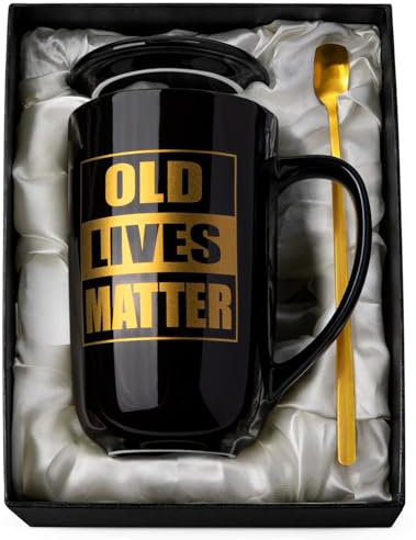 Funny Birthday Retirement Gifts for Men Women, 50th 60th 70th 80th Birthday Gifts for Elderly Senior Citizens - Old Lives Matter - Novelty Metal Glaze Mug with Gold Print, 18oz Large Black Ceramic Cup