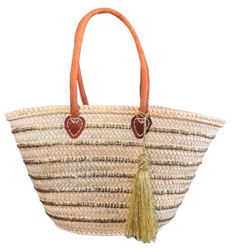 Korbtasche Strandtasche goldene Pailletten & Quaste - Shopper, Einkaufskorb, Flechtkorb