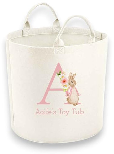 Personalised Child Felt Toy Tub with Dusky Pink Initial and Rabbit Print (Various Sizes) (Medium: 40cm x 40cm) Toy Storage Tub | Laundry Basket (Medium (40x40cm))