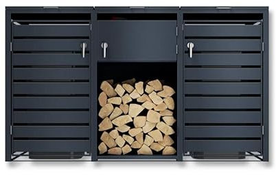DWD® Garden Double Wheelie Bin Hideaway with Lift Lid 120L/240L Waste Bin Storage Shed w/Locking Grey Doors Firewood Rack Store Integrated Tool Storage, Lift Up Lid Weather Proof Stylish
