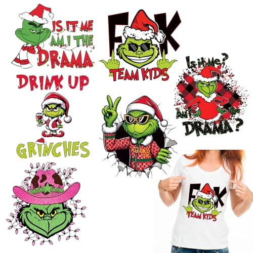 6 PCS Christmas Iron on Transfers Stickers Funny Cartoon Heat Transfer Decals Cute Xmas Design Iron on Vinyl Patches Stickers for Clothing T-Shirt Hoodies Clothes DIY Decorations