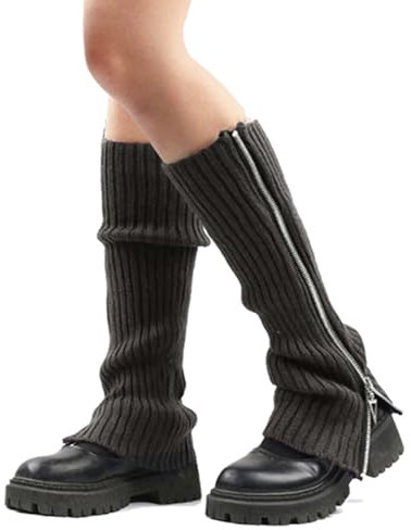 JK Home Zip Leg Warmers for Women Gothic Boot Cuffs with Side Zip Removable, Winter Knit Crochet Women's Leg Warmer Knitted Knee Long Leg Cover Leggings Boot Socks Cover for Ladies Y2K Deep Grey