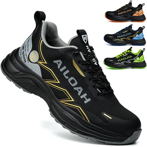 UOQC Leicht Sicherheitsschuhe Arbeitsschuhe Herren Damen Atmungsaktiv rutschfest Schutzschuhe mit Stahlkappe Stoßfest Stichfest Sicherheits Sportlich für Industrie & BAU (Gr.42EU Schwarz)