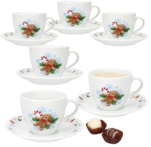 MamboCat Candyman Kaffeetassen mit Untertassen für 6 Personen I Porzellan-Set mit eisblauem Weihnachtsdekor für Weihnachten, Nikolaus & die Adventszeit