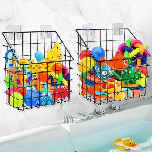 2 Pack Bath Toy Storage Organizer Basket, Large Metal Bathtub Shower Toy Organizer, Wall Mounted Hanging Shower Basket, Bath Toy Holder For Bathtub for Easy Access and Sorting Toys/Clothes/Toiletries