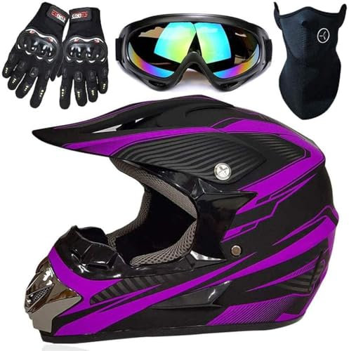 Casco de Motocross Mujer, Negro y Morado, Casco Moto Cross Infantil con Gafas/Mascarilla/Guantes, Cascos Enduro MTB Integral Adulto para Descenso Enduro MX Quad Motocicleta (S,B)