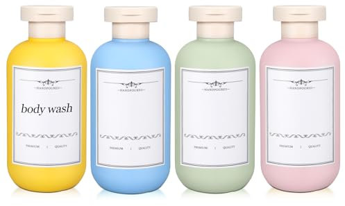 UMETASS Lot de 4 bouteilles de voyage vides de 200 ml à remplir, anti-fuite, format voyage, avec couvercle à rabat, jaune/vert/rose/bleu