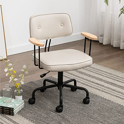 DGDHHSFJDJ Ergonomischer Bürodrehstuhl mit mittlerer Rückenlehne, Armlehne aus Holz und PU-Leder für den bequemen Computerstuhl zu Hause im Schlafzimmer