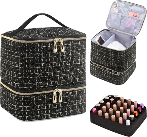 Nail Polish Organizer Holds 30 Bottles (15ml) and 1 Nail Light Nail Polish Carrying Case with Storage Pockets for Manicure Tools Double Layer Storage Travel Bag (Black-A)