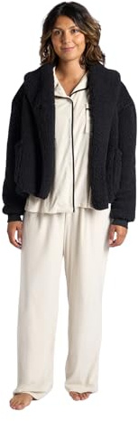 OHS Waterfall Teddy Fleece Cardigan Short Length Open-Front Long-Sleeve Wrap Style Cardigan Sweater with Pockets - Black, Cream, Mink