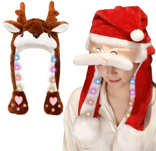 2 Stück Weihnachtsmütze Plüsch, Nikolausmütze mit Beweglichen Ohren, Elch Mütze Plüsch, Weihnachtsmann Kappe mit Wackelohren, Christmas Hat, Weihnachtsmütze Beweglicher mit LED für Erwachsene Kinder