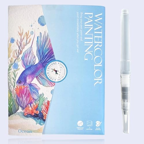 Glvomazty Aquarell Malbuch, 12 Farbe Pocket Aquarell Set, 6 Seiten Malbücher für Erwachsene - Ideal für Zuhause, Reisen & Anfänger Aquarellmalerei Himmelblauer Traum