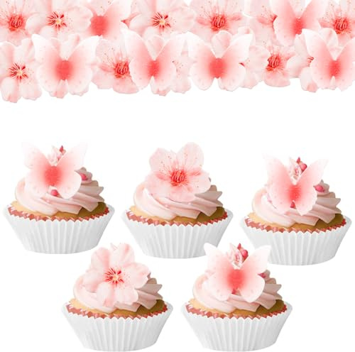 Catelves Blumen Schmetterling Tortendeko Essbar,48 Stück Essbare Schmetterlinge für Torte,Rosa Tortendeko Mädchen,Schmetterling Deko Torte Essbar,Schmetterlinge Cupcake Deko,Kuchendeko Geburtstag