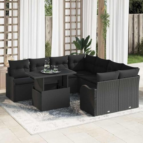 LoogCape Gartensofa-Set Schwarz 9-teilig, Poly-Rattan Outdoor Möbel mit Kissen, Modulares Terrassen-Dining-Set für 8 Personen, UV-beständig, Pulverbeschichteter Stahlrahmen