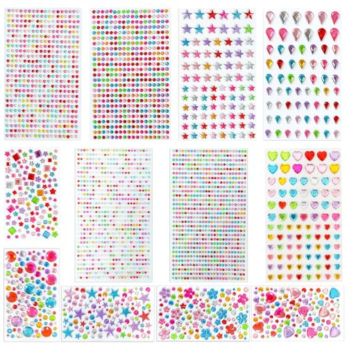 3228 Stück Glitzersteine Selbstklebend, 12 Blätter Bunte Strasssteine Gesicht, Verschiedene Formen & Größen Glitzer Sticker für Basteln, Gesicht & Dekoration und DIY-Projekte