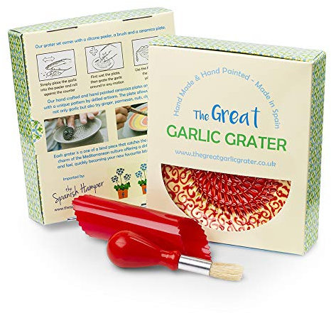 Garlic Grater Plate Set with Brush and Peeler. (#Ref 13). Handmade and Hand Painted in Cordoba, Spain. Orange with red Rim and Circle. Moroccan red Pattern.