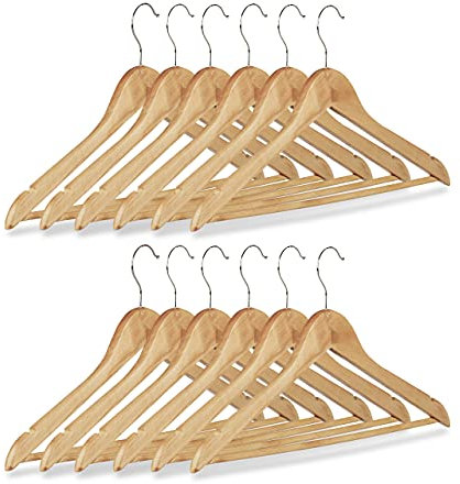 Relaxdays Kleiderbügel Set, 12 Hosenbügel aus Holz, Garderobenbügel, Haken 360° drehbar, HxB: 22,5x44,5cm, natur/silber